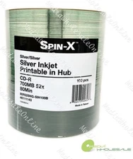 100 Spin-X CD-R 700MB 52x 80Min Silver Inkjet Printable in Hub Blank Media Disc 
