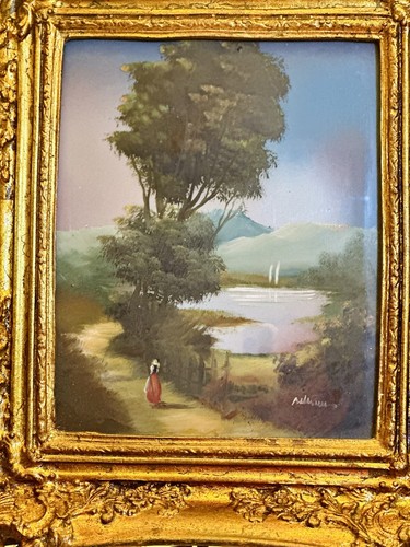 Pintura de paisaje al óleo sobre lienzo firmada por artista de colección marco dorado ornamentado Italia - Imagen 11 de 23