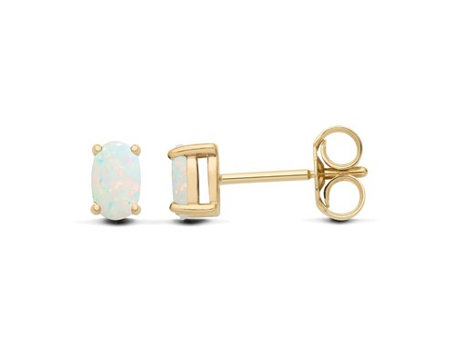 9ct Yellow Gold Natural Opal Oval Solitaire Stud Earrings - October Birthstone - Picture 9 of 9