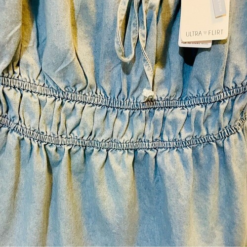 Blue chambray summer dress L Sleeveless off shoulder Sundress Ruffled skirt - Picture 6 of 7