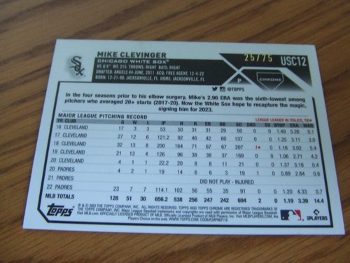 2023 Topps Chrome Update Yellow Mini-Diamond Refractors #USC12 Mike Clevinger SN - Bild 2 von 2