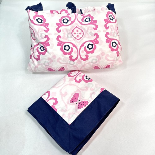 Pottery Barn Kids Twin Duvet and Sham Set Brynn Butterfly Pink Navy Trim Ties
