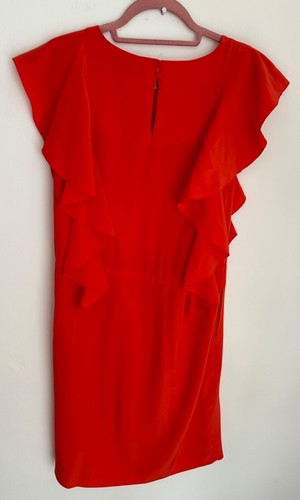 Jaeger London Silk UK 10 Vibrant Red Ruffle Knee Length Floaty Dress Pockets - Picture 7 of 14