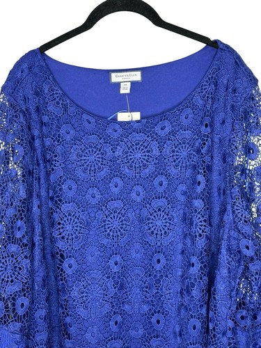 NWT Charter Club Woman Bell Sleeve Lace Top 3X Scalloped Hem Sapphire Blue - Picture 3 of 14