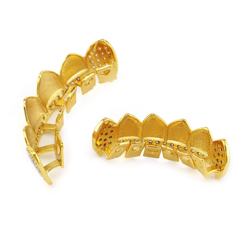 Parrillas de Hip Hop Colmillos Top Bottom Set 5A+ CZ Dientes plateados en oro de 18K Grillz Foto 4 de 4