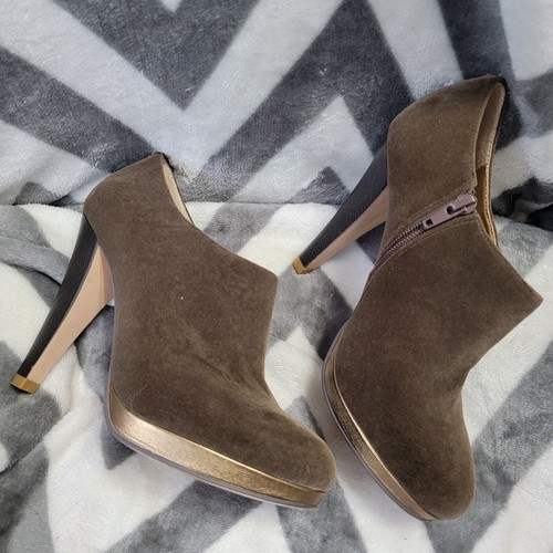 Shoes of Prey Custom Suede Velvet Olive Green & Gold Heeled Zip Up Booties Sz 37 - Picture 3 of 6