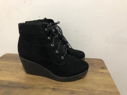 NEU LOOK DAMEN SCHWARZ WILDLEDER SCHNÜRER KEILABSATZ STIEFELETTEN SCHUHE UK 5 EUR 38 AB20