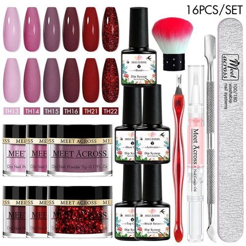 8/12/16PCS Glitter Pink Nude Nail Dipping Powder Set No Lamp Cure Decoration - Imagen 49 de 53