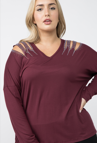 Party Long Sleeve Plum Cold Shoulder w/Stones Top, Vocal Apparel 1X-3X, USA - Picture 3 of 9