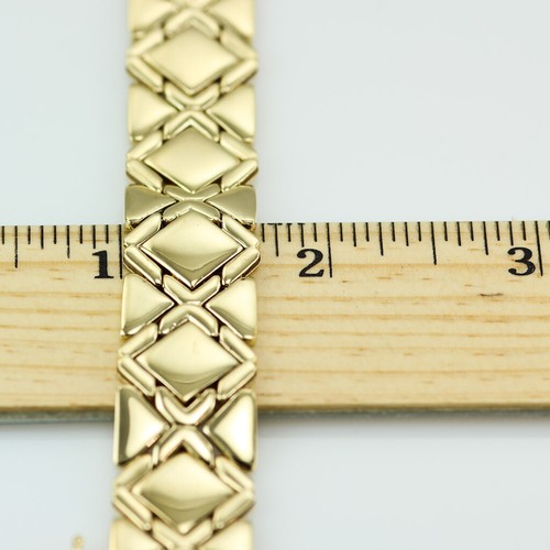 HIGH POLISH X & O DESIGN BRACELET 17 mm WIDE 7 INCHES LONG 14K SOLID YELLOW GOLD - Picture 6 of 7