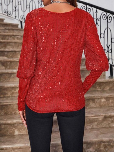 Women's Sequin Long Sleeve Round Neck Top Sparkly Blouse Christmas Shirt - Picture 13 of 36