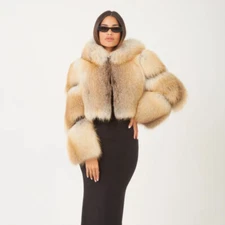 Luxury Women Real Golden Island Fox Fur Hood Coat Blue Fox Fur Short Overcoats