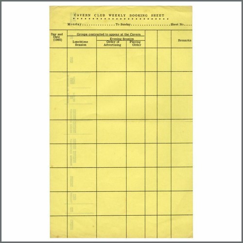 The Cavern Club 1965 Weekly Booking Sheet (UK) - Picture 1 of 2