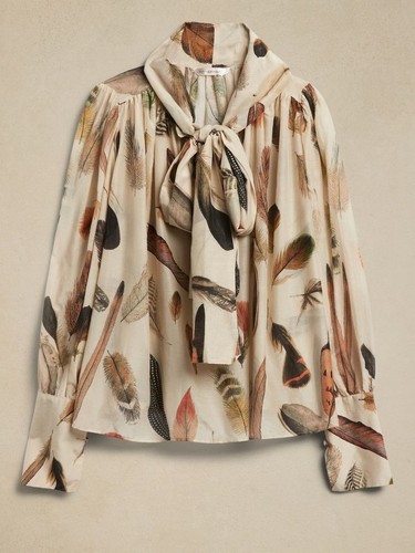 Banana Republic Gr. S Harper Baumwolle Seide Top Bluse Mehrfarbig Feder Print