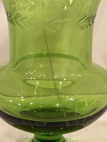 Vintage grüne Glasknospe Vase 5" italienische Mid Century Kunst Glas Sockel Kelch geätzt - Bild 5 von 7