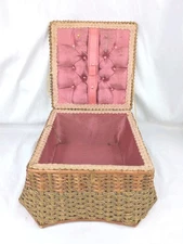 Wicker SEWING BASKET Unusual Shape Vintage Satin Lined Lift Lid 