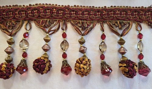 Nappa bordeaux oro bordo frange nodo a sfera perline palazzo austriaco 8 iarde 4,25"W - Foto 1 di 18