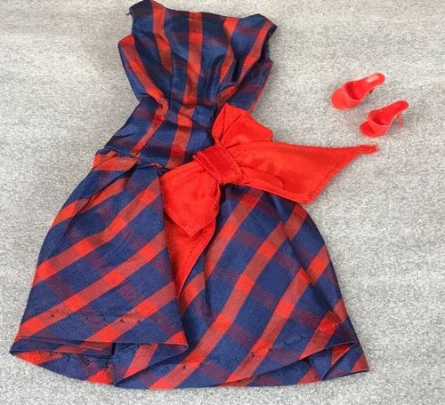 Vintage BARBIE ® BEAU TIME Red & Blue Plaid Taffeta Dress #1651