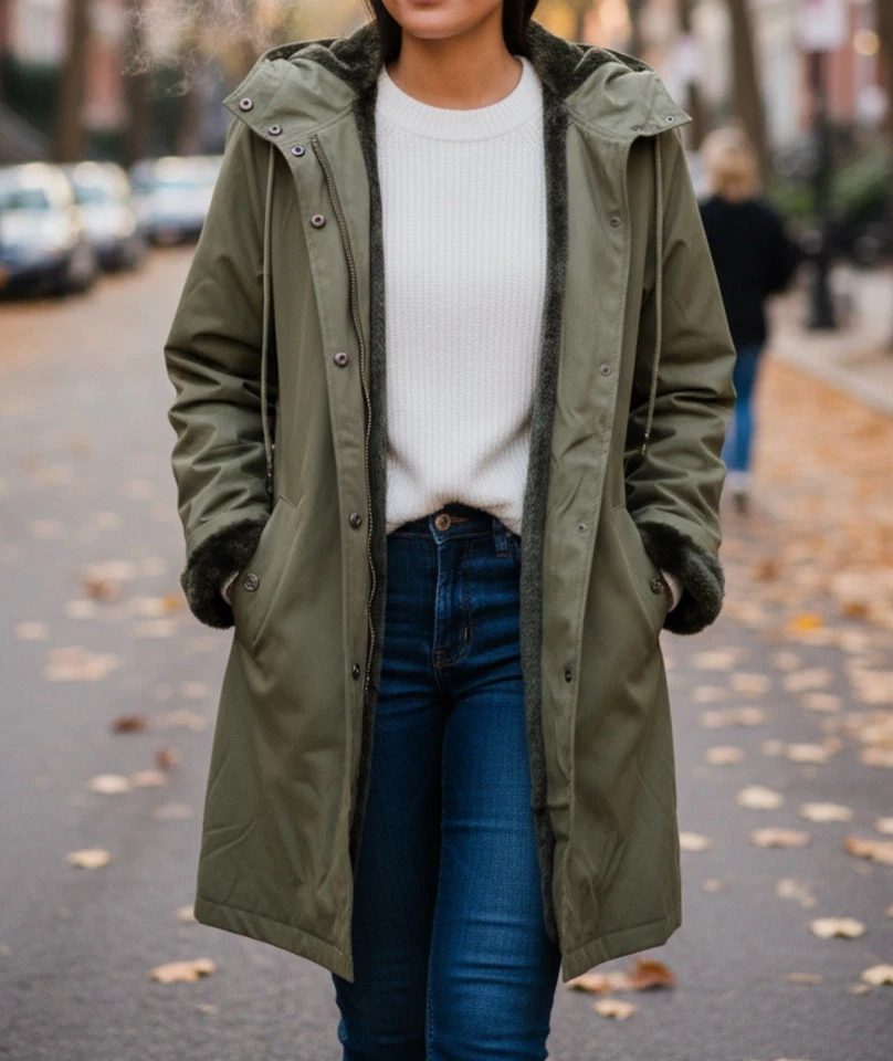 Parka Effet Ciré Déperlant Femme Kaki Doublé Entièrement Chaud Et Léger Neuf - Photo 3/4