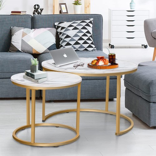 Coffee Table Nesting White Set of 2 Side Set Golden Frame Circular Round and ... - Picture 3 of 10