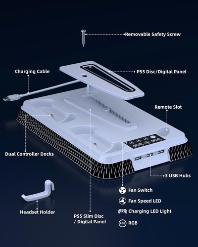 For Playstation 5 PS5/PS5 Pro/PS5 Slim RGB Stand Cooling Fan Charging Station - Picture 2 of 8
