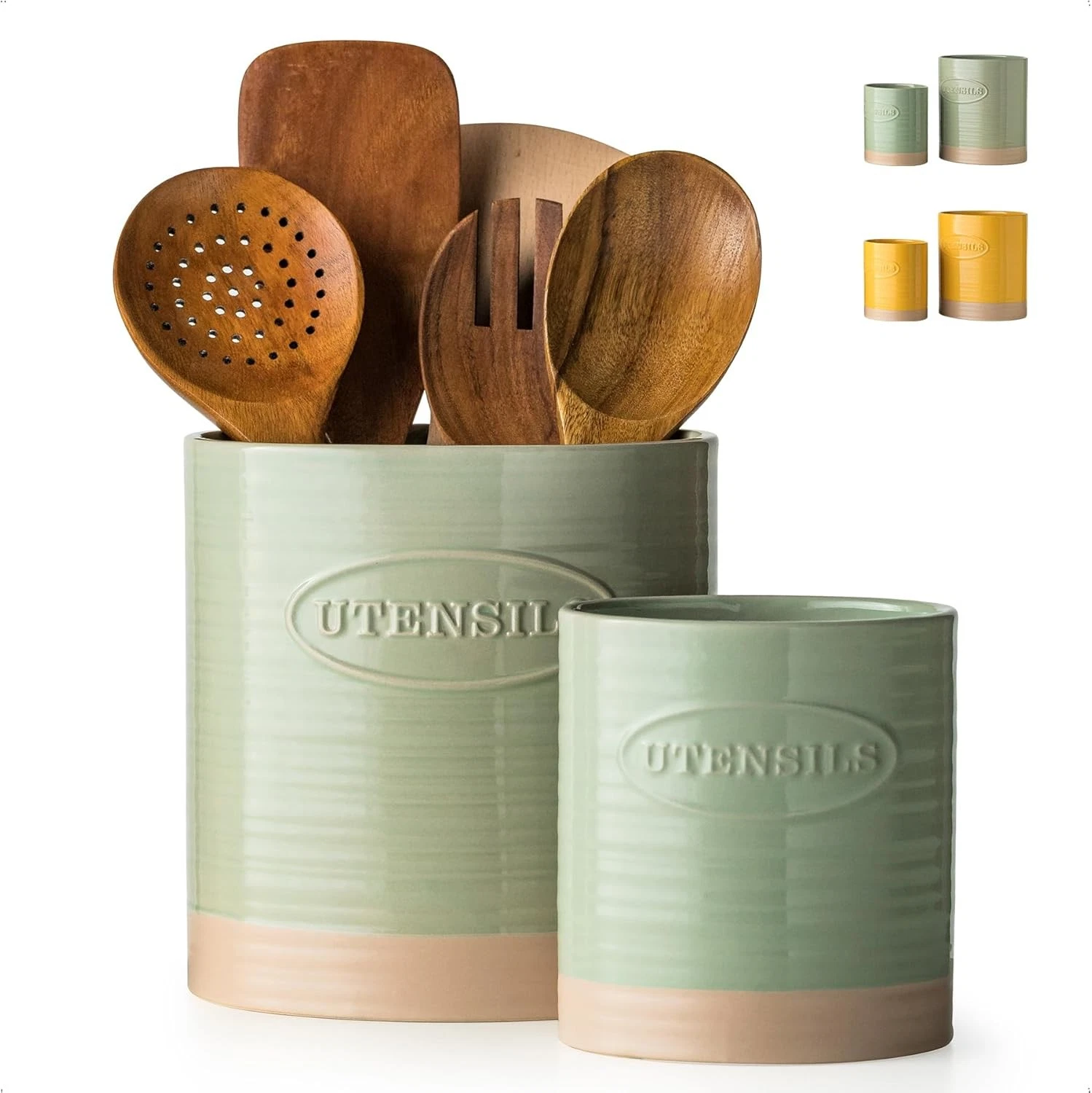 Kitchen Utensil Holder, 6.7"+5.1" Ceramic Utensil Holder for Kitchen Counter,