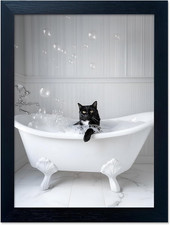 Framed Black Cat Bathroom Decor Funny Animal Bathroom Wall Art Black and White C