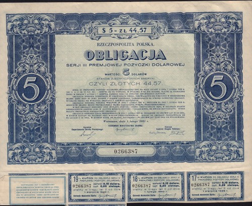 POLAND Government / State  Bond  / Obligation Warszaw 1931 USD 5.00 + 3 coupons