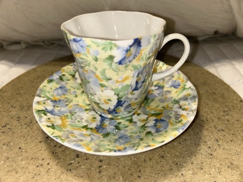 Vintage Queen's ENGLISH CHINTZ Teetasse Untertasse Fine BoneChina blau gelb weiß Blumen - Bild 2 von 14