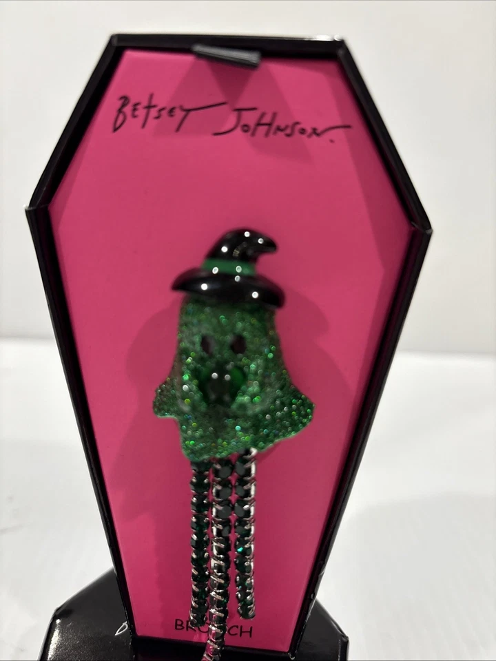Betsey Johnson зеленый призрак ведьма Pin брошь Хэллоуин черный кристалл блестящий новый в коробке - Изображение 4 из 4