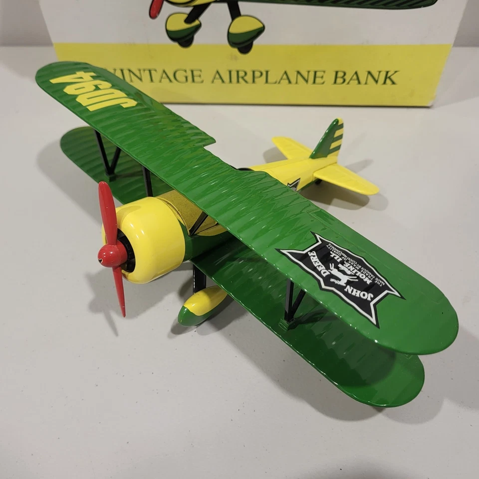 VTG John Deere Bi-Plane Airplane Piggy Bank 37516 Die-Cast Metal NEW in Box - Image 3 of 4