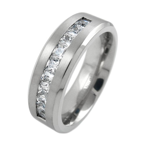 Titanium Men's 1.8 Carat Princess Cut CZ Brushed Center Wedding Band Ring - 第 4/5 張圖片