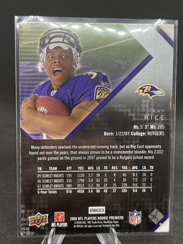2008 Upper Deck Rookie Premiere Ray Rice RC #28 Baltimore Ravens Rookie - Picture 3 of 4