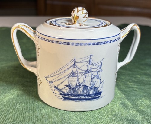 Copeland Spode Trade Winds Blue Covered Sugar Bowl Sailing Ship Gold Trim EXC!! - Picture 8 of 11