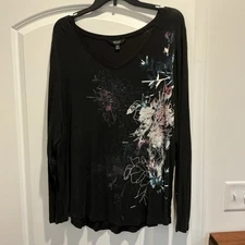Simply Vera Vera Wang Black V-Neck Floral Tunic Top Long Sleeve