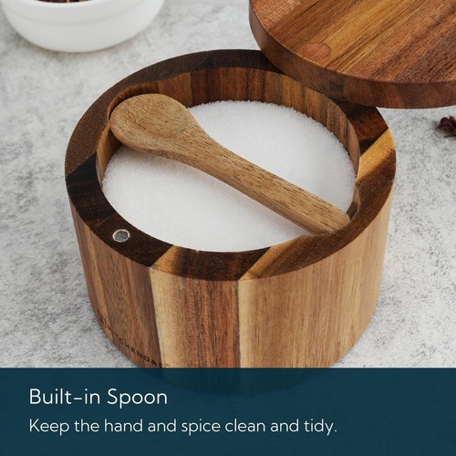 Acacia Wood Salt Cellar Bowl Box with Built-in Spoon to avoid Dust, Elegant K... - Picture 3 of 7