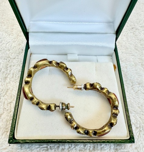 Vintage Monet Creolen bronzefarben rot Cabochon & Strass strukturiert Desig - Bild 5 von 7