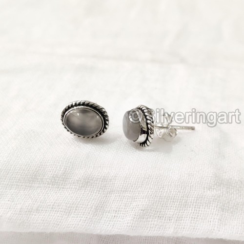 NATURAL GREY MOONSTONE JUNE BIRTHSTONE 925 STERLING SILVER WOMEN STUD EARRING - Picture 3 of 8