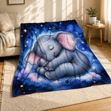 Sleeping Baby Elephant Stars Coral Fleece Blanket Nursery Decor