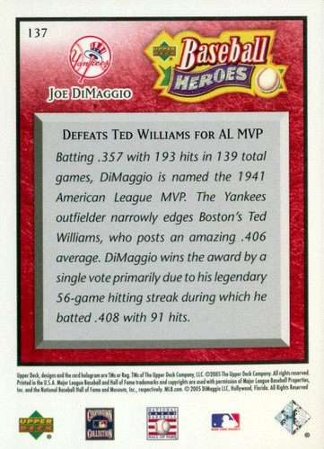 2005 UPPER DECK BASEBALL HEROES #137 - JOE DIMAGGIO - RED PARALLEL SP/UD /75 - Picture 2 of 16