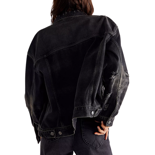 NWOT $128 Free People Jolene Distressed Trucker Denim Jacket in Black XS - Picture 3 of 5