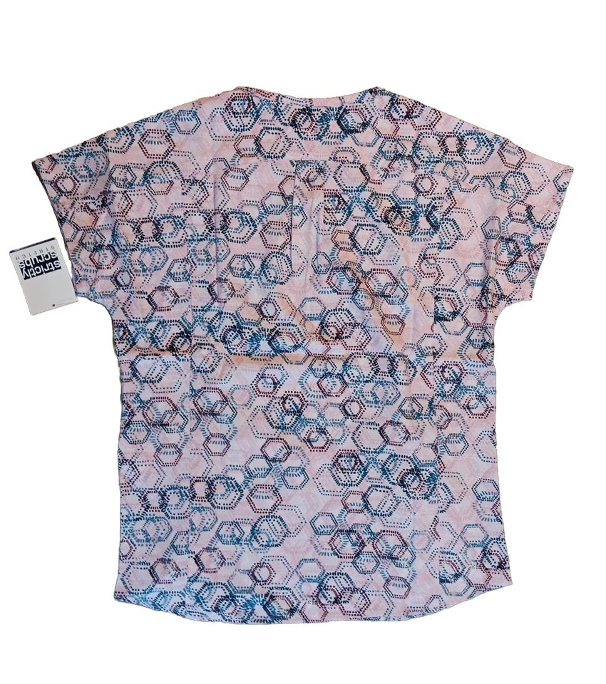 Strictly Scrubs Stretch Top Womens XS Pink Geometric V Neck Zip Pockets NWT - Image 3 of 4