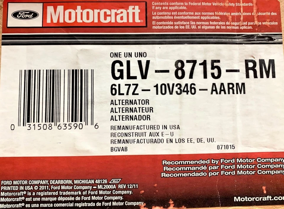 GLV-8715-RM Motorcraft Alternator 110 AMP 2005-2006 Vavigator Expedition 5.4L - Image 4 of 4