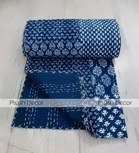 Reversible Indigo Kantha Quilt Throw Hippie Bedspread Indian Bohemian Beddings - Picture 2 of 6