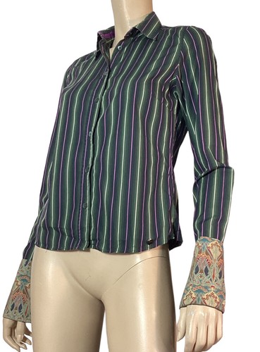 🌻TED BAKER LONDON SIZE 2 /10AU GREEN PINK STRIPED CUFF TAILORED COTTON SHIRT - Picture 3 of 12