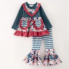 NEW Boutique Floral Ruffle Tunic Shirt & Bell Bottoms Girls Outfit Set