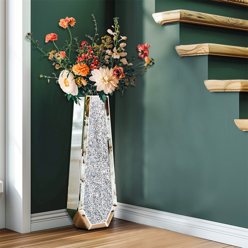 Silver Mirrored Floor Vase Luxury Diamond Flower Vase Living Room Home Office - Picture 8 of 18
