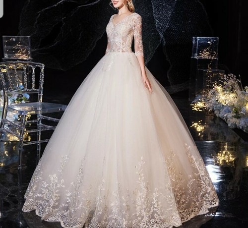 UK White/ivory Champagne Half Sleeve Floor Length A Line Wedding Dress Size 6-22 - Picture 3 of 7