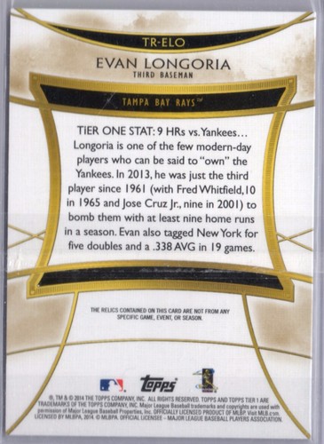 /25 Evan Longoria Rays Giants 2014 Topps Tier One Triple Jersey Relics SP - Picture 2 of 2