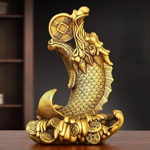 Feng Shui Copper Inviting Wealth Brass Dragon Head Fish Ornament Home Decor - Picture 3 of 3